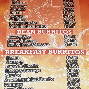 a menu for breakfast burritos