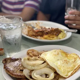 Hamburger steak and eggs with grilled onion