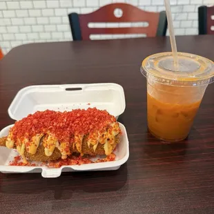 Spicy corn dog and Thai tea