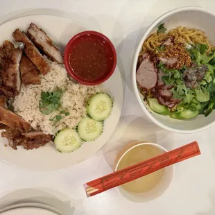 Khow mun gai tod and egg noodle with grilled red pork