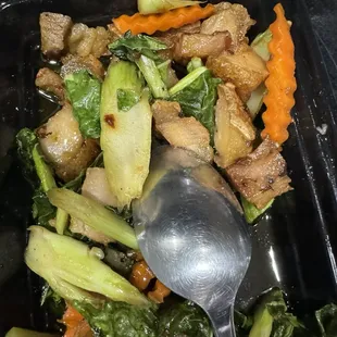 Pad kana crispy pork . Good