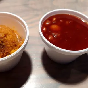 Sides of Sweet Potato Souffle (L) and Baked Beans (R)