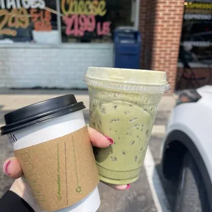 raspberry chai and an iced strawberry matcha (the anti-hero)