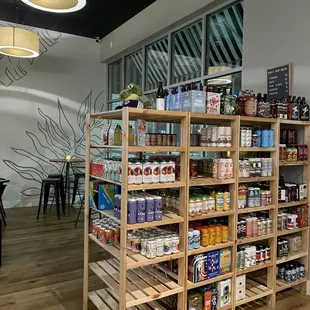 a shelf full of drinks