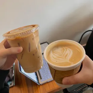 Iced Vanilla Latte (left), hot latte (right)