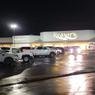 In front at night--parking lot is well lit