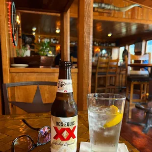  glass of water and a bottle of beer