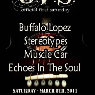 the poster for the official first saturday of buffalo joe&apos;s stereotypes music car echos in the soul