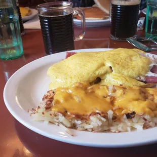 Irish Benedict with sliced corned beef