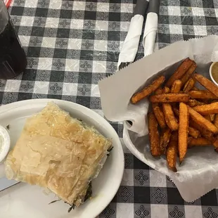 Homemade Spinach Pie and Sweet Potato Fries