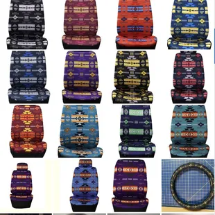 Geometric car seat covers and steering wheel covers