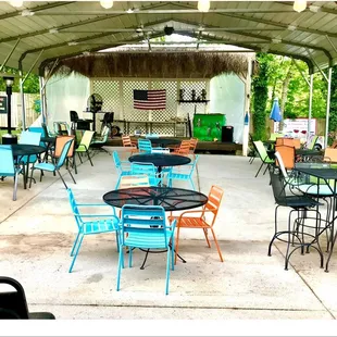 Huge covered patio for bands and outdoor dining