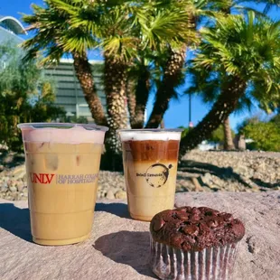 Strawberry Shortcake Latte, Strawberry Caramel Macchiato, and Chocolate Chip Muffin