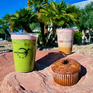 Strawberry Matcha Latte, White Chocolate Raspberry Mocha, and Blueberry Crumble Muffin
