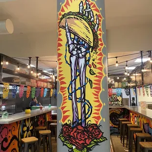 a mural on a column in a restaurant