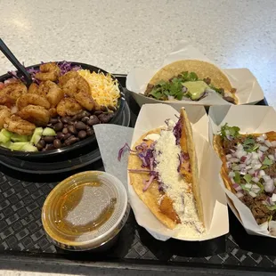 Quesa - Birria Taco Potato Taco House Taco Shrimp Rebel Bowl