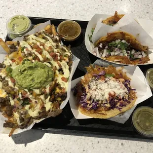 Quesa - Birria Tacos &amp; Carne Asada Fries!  And a few sauces to choose from.
