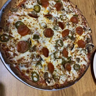 pepperoni, jalapeno, and cheese pizza