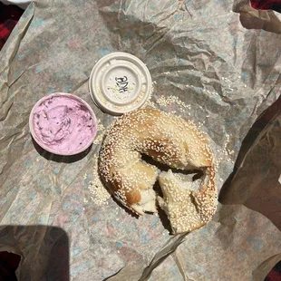 Sesame Bagel with Beet, Dill, Horseradish Cream Cheese on the Side