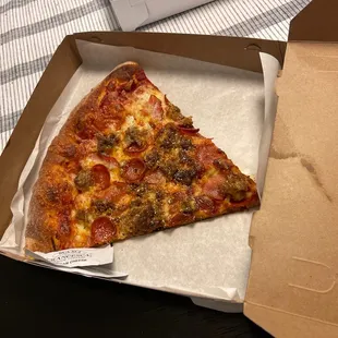 Slice of meaty pizza.