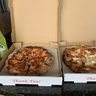 Vegan pizza on left, cheese and ricotta on right, yum!!