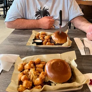 Double smash burger and garlic parm tots