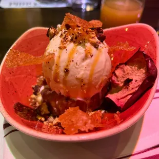 a bowl of ice cream and bacon