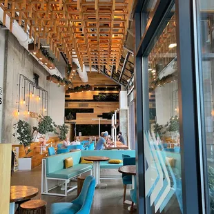 the inside of a modern restaurant