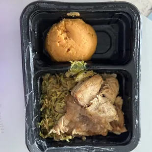 Mango infused chicken, shaved brussels, sweet potato mash