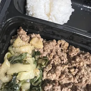 Ground beef, bok choy, rice