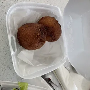 Mac and cheese hush puppies (we ate one on the drive home)