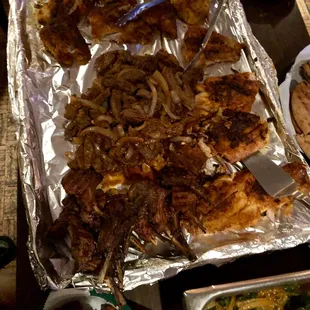 Lamb chops, steak, and red snapper