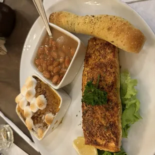 Amazing salmon with the AMAZING sweet potato casserole and pinto beans