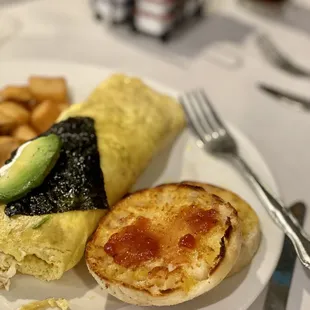 a plate of food with a fork and knife