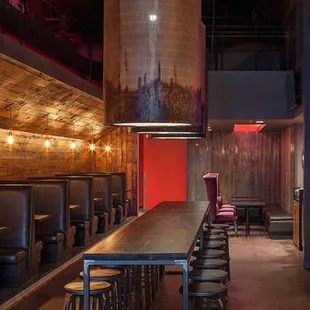 a long table in a restaurant