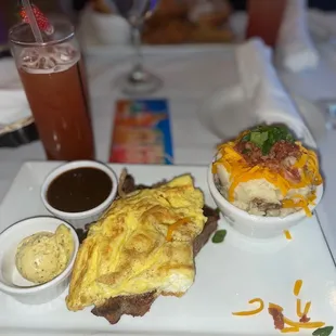 Steak medium  Eggs an mashed potatoes