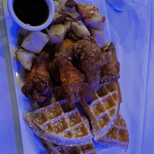 Chicken and waffles, with potatoes