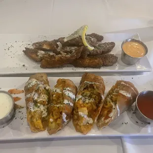 Buffalo Chicken eggs roll and Fried salmon