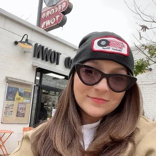 Here is a beautiful young woman, Sarah, showing her style in a Record Town logo beanie.  Nice shot!