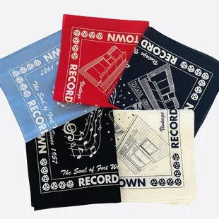 Record Town bandanas in light blue, red, navy, cream and black.
