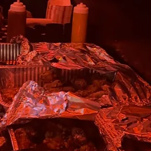 a table of food and condiments
