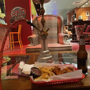 Our date night set up, Hookah-Sex on the Beach, Buffalo wings and fries