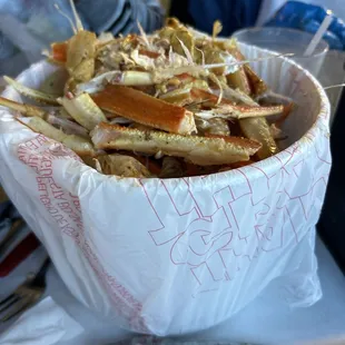The remains of 3 pounds of snow crabs.