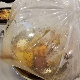 Snow crab, shrimp, potatoes, eggs &amp; sweet corn in an old bay, lemon pepper, garlic butter sauce