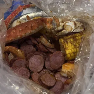 King Crab legs, shrimp no head extra sausage with Cajun hot