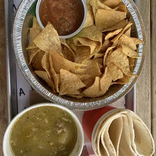 Green chile stew / chips and salsa