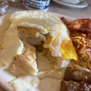 A combo of biscuits &amp; gravy, 2 eggs, 2 sausage, 2 bacon, choice potato. Filling and tasty
