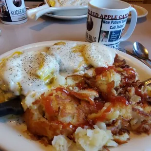 Country eggs Benedict &amp; American fries.