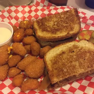 Patty melt with a side of cheese curds