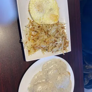 Biscuits &amp; Gravy with Eggs, Sausage Patties, and Hashbrowns.